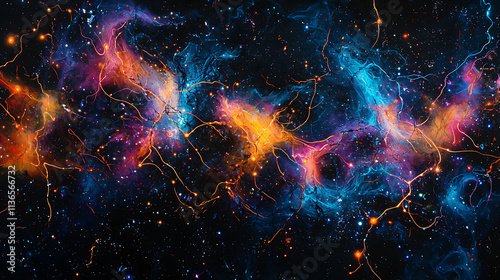 glowing neon neural net in abstract cosmos with black background 