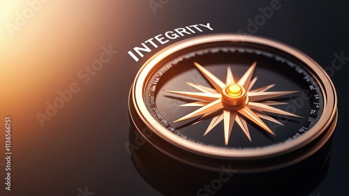 Golden ethical compass with glowing integrity text symbolizing ethics and moral principles.