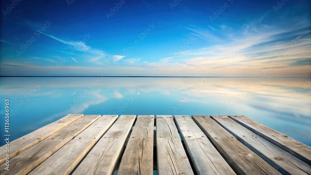 Serene Wooden Dock Extending Over Calm, Reflective Water Under a Peaceful Sunset Sky Serene Wooden Dock Extending Over Calm, Reflective Water Under a Peaceful Sunset Sky
