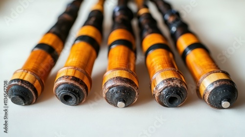 Traditional Cultural Instruments Scottish bagpipes with a chanter and drone pipes for traditional music Isolated solo on plain background photo