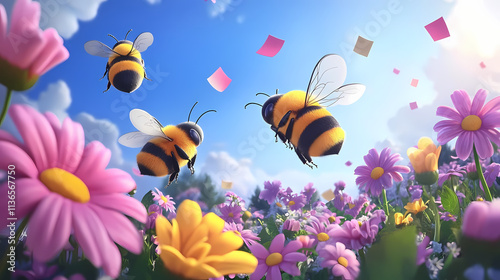 Playful cartoon bees flying over a vibrant flower field with thank you notes on International Thank You Day