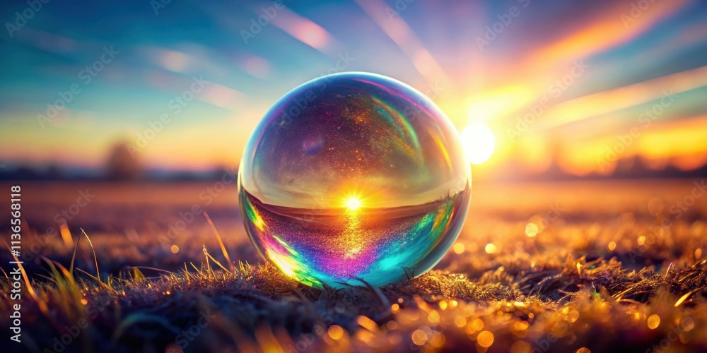 Sunset Reflected in a Crystal Ball on a Grassy Field Sunset Reflected in a Crystal Ball on a Grassy Field