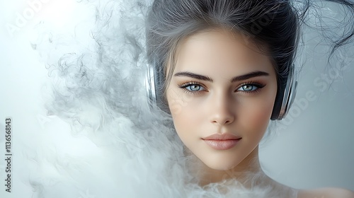 Woman with a hyper-realistic glowing grey aura like smoke, sleek headphones, smiling warmly into the camera, futuristic lighting effects, elegant background, Ultra-Realistic, Photo Realistic,  photo