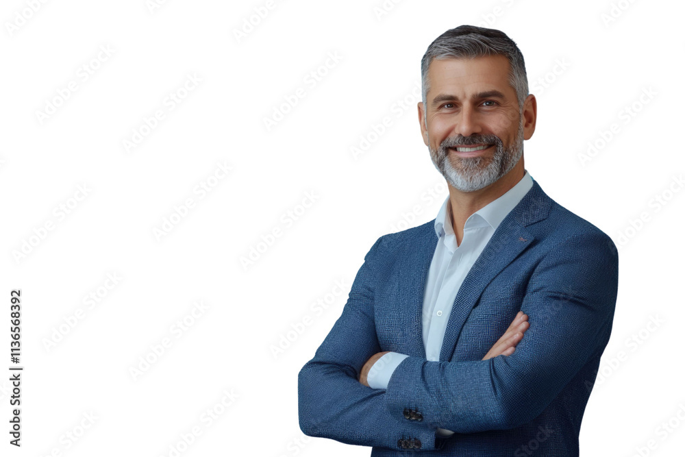 Business man in formal clothes looking at viewer with confidence and friendly smile, standing with arms crossed, isolated on blue background