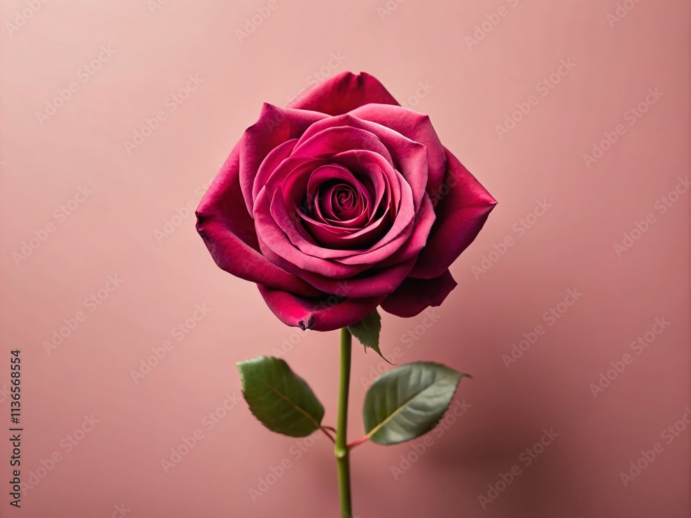 Fototapeta premium Minimalist Burgundy Rose, Pastel Pink Background, Single Flower Photography
