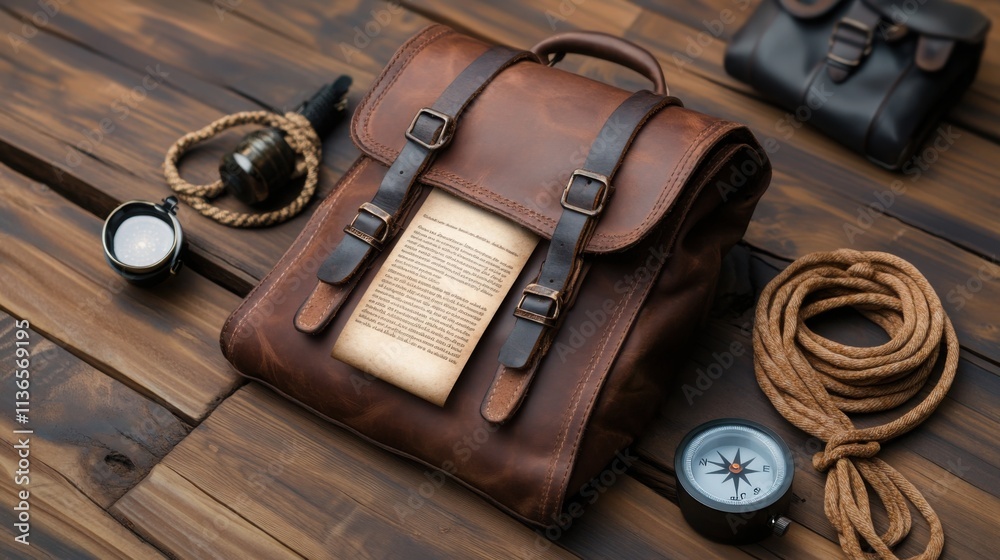 a weathered scroll sticking out of an adventurer’s leather backpack a weathered scroll sticking out of an adventurer’s leather backpack