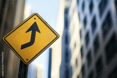 Caution sign indicating right turn on city street with tall buildings. bright yellow color stands out against urban backdrop, enhancing visibility for drivers