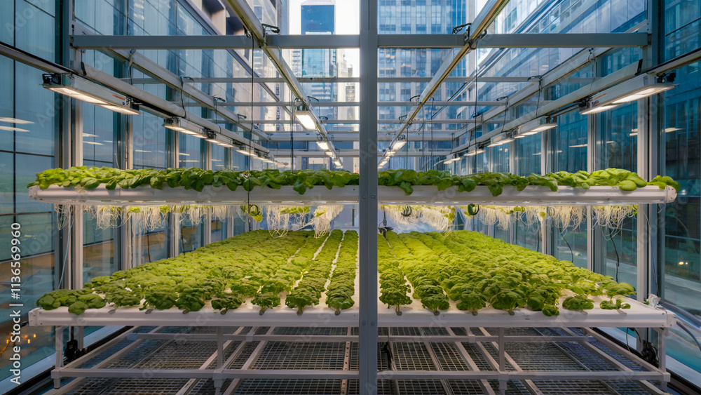 A modern hydroponic farming setup housed in a transparent structure, with a vibrant cityscape as the backdrop. A modern hydroponic farming setup housed in a transparent structure, with a vibrant cityscape as the backdrop.