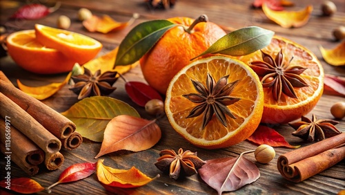 Fototapeta Naklejka Na Ścianę i Meble -  Minimalist Festive Orange & Spice Photography: Autumnal Still Life, Warm Colors, Cozy Vibes