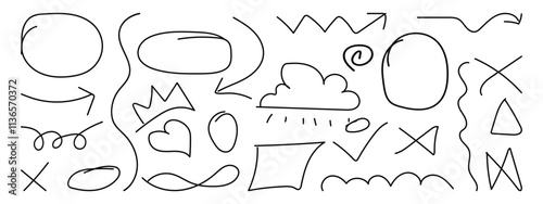 Hand drawn doodle shapes, check marks, crown and arrows collection. Hand drawn circle, rectangle shapes vector doodle icons