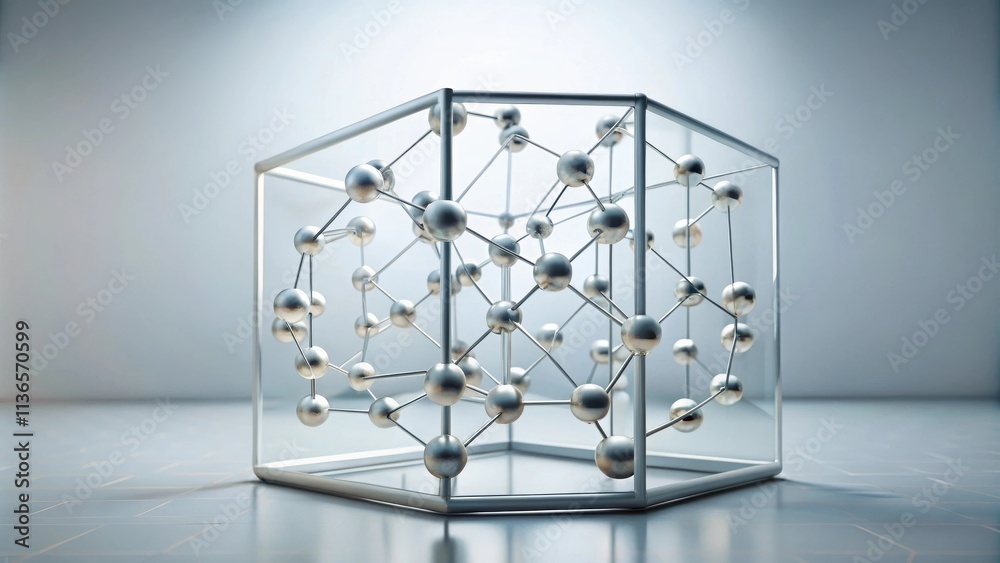 Abstract metallic spheres connected by rods within a cube-shaped frame Abstract metallic spheres connected by rods within a cube-shaped frame