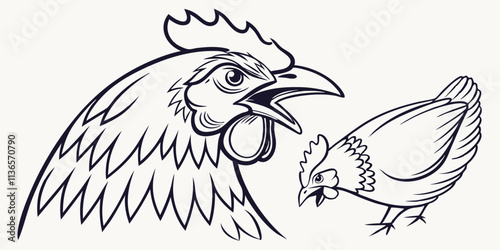 Vector Broiler Chicken Line Art, isolated white background