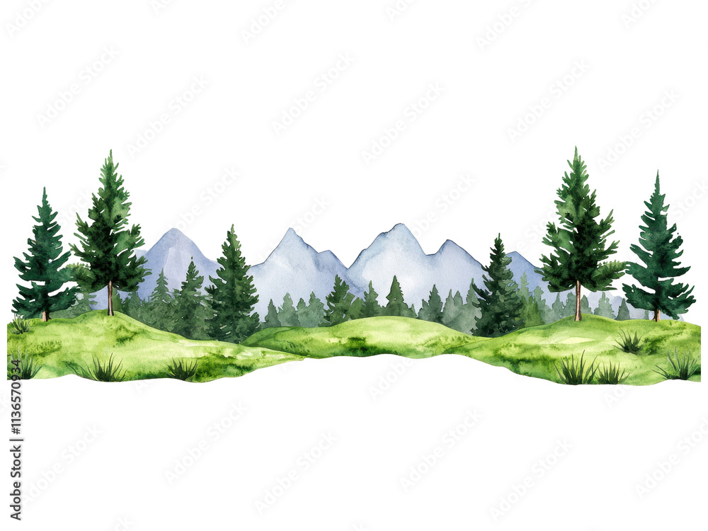 Fototapeta premium Peaceful Mountain Landscape with Lush Green Trees and Majestic Peaks in the Background