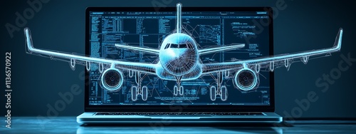 A modern laptop with the screen displaying an engineering software, on which there is also a three-dimensional airplane floating