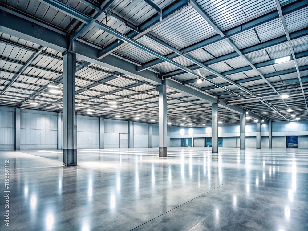 Minimalist Industrial Interior: Empty Room, Concrete Floor, Metal Beams - Modern Open Space Design Minimalist Industrial Interior: Empty Room, Concrete Floor, Metal Beams - Modern Open Space Design