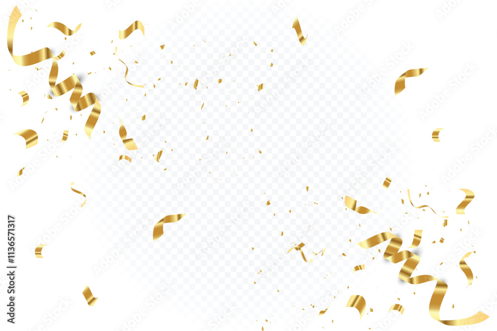 Gold Confetti and Ribbons Falling on Transparent Background