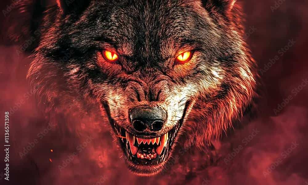 Fiery wolf with glowing eyes, snarling intensely in a dark, smoky environment. Animation looping video background. Generated with AI