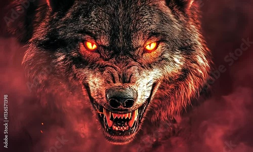 Fiery wolf with glowing eyes, snarling intensely in a dark, smoky environment. Animation looping video background. Generated with AI