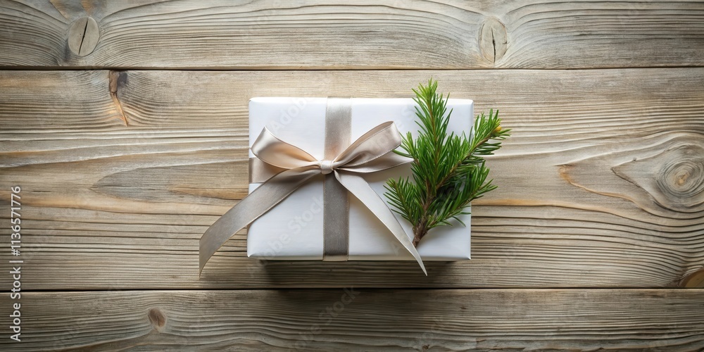 A delicately wrapped present with a beige ribbon and a sprig of evergreen rests on a rustic wood surface. A delicately wrapped present with a beige ribbon and a sprig of evergreen rests on a rustic wood surface.