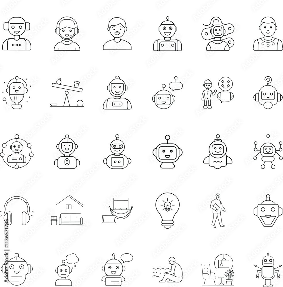 Robot Icons AI, Automation, Technology, Support, Communication, Humanoid, Characters, Line Art, Grap Robot Icons AI, Automation, Technology, Support, Communication, Humanoid, Characters, Line Art, Grap