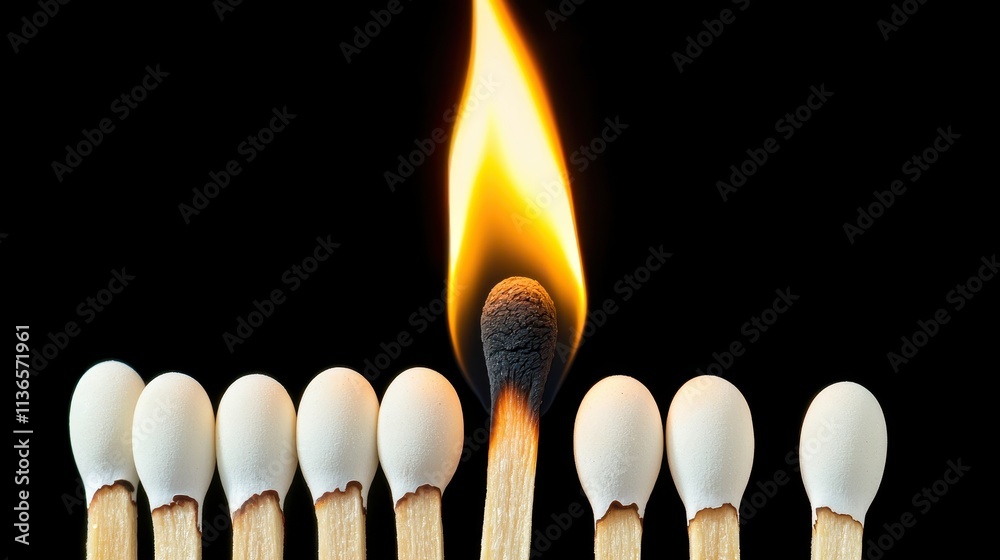 Close Up of Matches with One Burning Flame Isolated on Black Background Close Up of Matches with One Burning Flame Isolated on Black Background