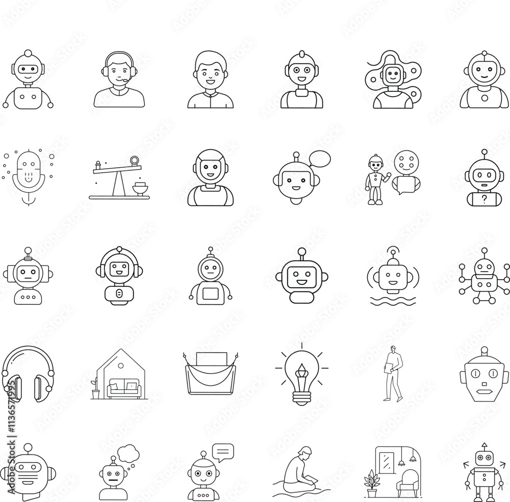 Robot Icons AI, Automation, Technology, Support, Service, Humanoid, Communication, Design, Line Art, Robot Icons AI, Automation, Technology, Support, Service, Humanoid, Communication, Design, Line Art,