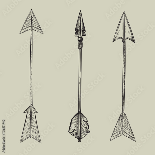 Set of arrows vintage style. Hand drawn. Isolated on white background. Vector image. Perfect for vintage designs. Tattoo. Barbershop.