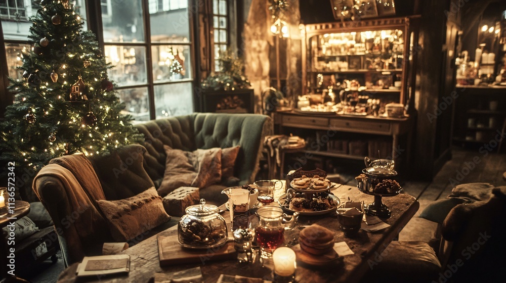 Fototapeta premium Cozy christmas gathering warmly lit living room intimate family celebration charming atmosphere close-up viewpoint holiday spirit and togetherness
