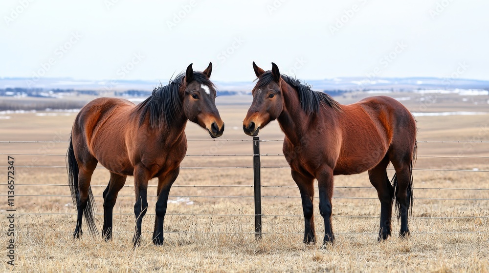 Two wild horses engaging in courtship behavior on an open plain Two wild horses engaging in courtship behavior on an open plain