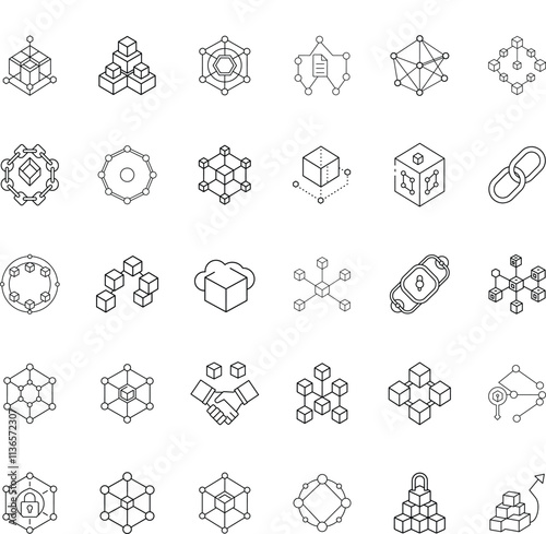 Blockchain Technology Cubes, Networks, Connections, and Security Icons