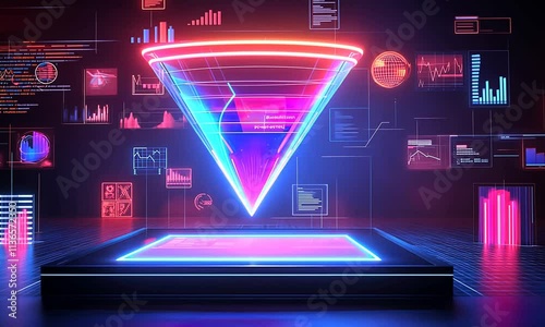 Futuristic data funnel visualization with glowing neon graphics and charts on dark background. Animation looping video background. Generated with AI