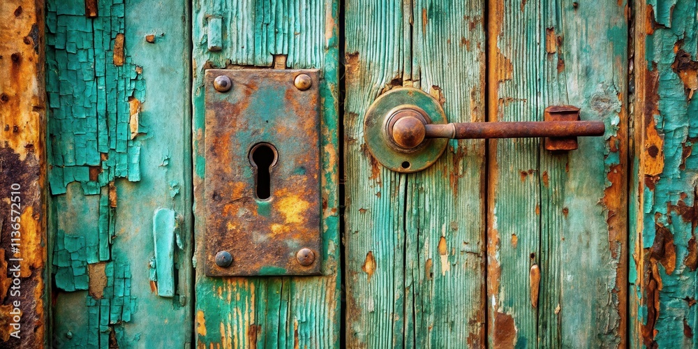 Rustic Weathered Wooden Door with Antique Metal Lock and Handle Rustic Weathered Wooden Door with Antique Metal Lock and Handle