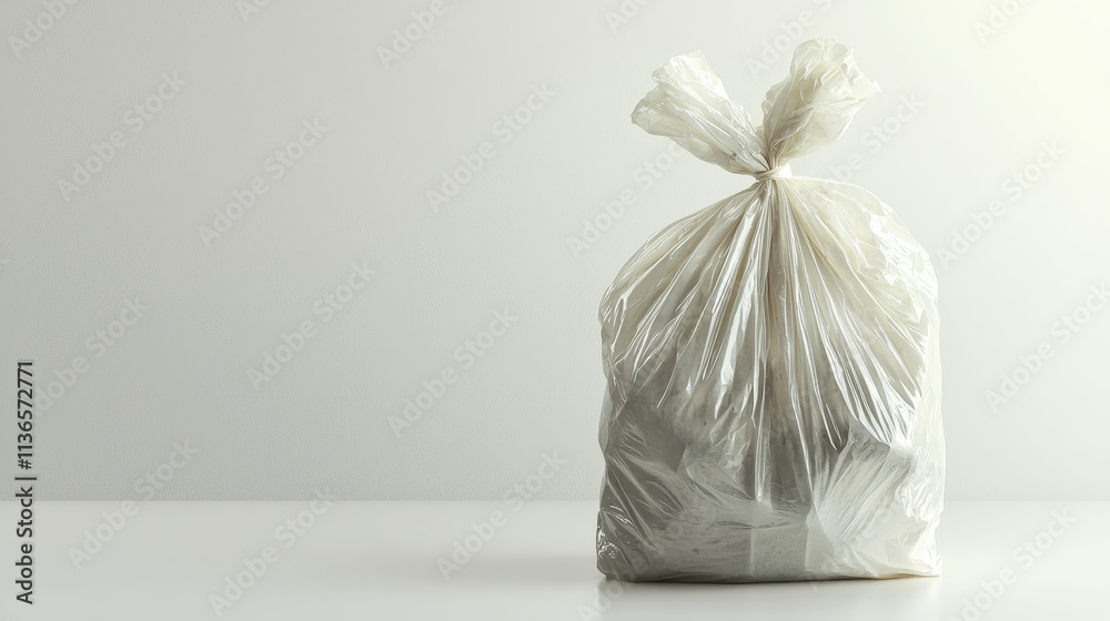 tied trash bag sits on clean surface, symbolizing waste management and cleanliness. Its transparent material showcases contents, emphasizing importance of proper disposal
