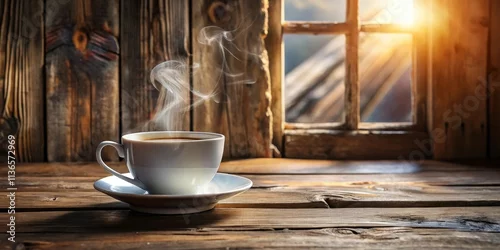 Fototapeta A steaming cup of coffee rests on a rustic wooden table, bathed in the warm glow of morning sunlight filtering through an old window.