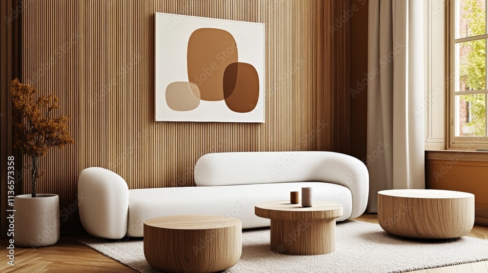 Minimalist interior design of modern living room. Rustic decorated wall, cozy white sofa. Wall with abstract art.