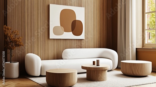 Obraz na płótnie Minimalist interior design of modern living room. Rustic decorated wall, cozy white sofa. Wall with abstract art. w salonie