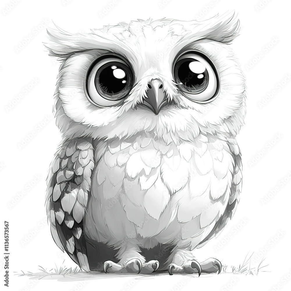 Fototapeta premium A cute white owl with big eyes is sitting on the grass