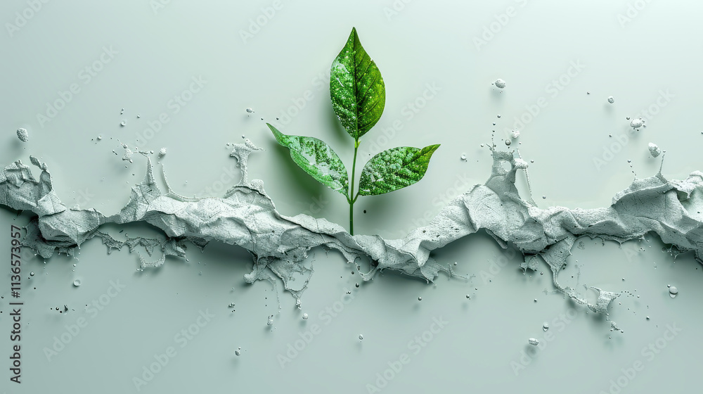 A fresh green leaf emerges from a cracked paper surface, symbolizing growth and renewal in a minimalist setting. The light background enhances the natural beauty A fresh green leaf emerges from a cracked paper surface, symbolizing growth and renewal in a minimalist setting. The light background enhances the natural beauty