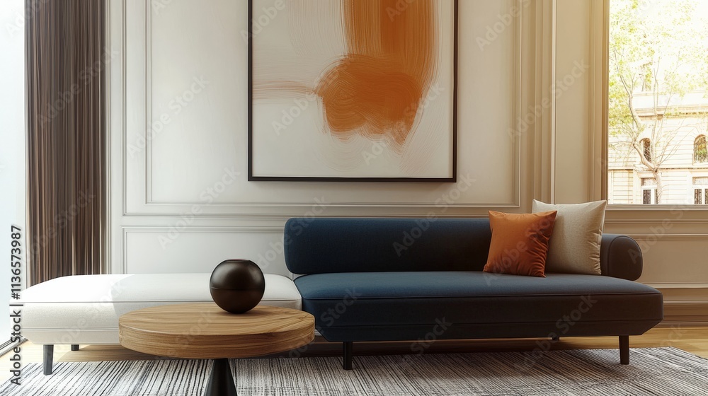 Loft home interior design of modern living room. Blue sofa, orange accents, and wooden coffee table. Wall with abstract art.