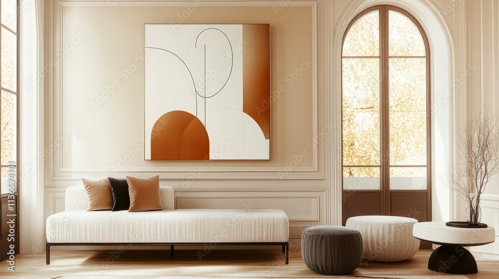 Scandinavian interior design of modern living room with beige sofa next to arch windows Wall with abstract art.