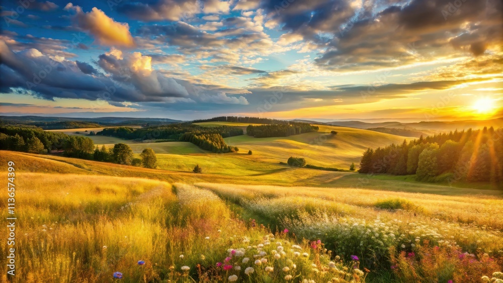 Fototapeta premium Golden Hour Serenity Rolling Hills, Wildflowers, and a Vibrant Sunset