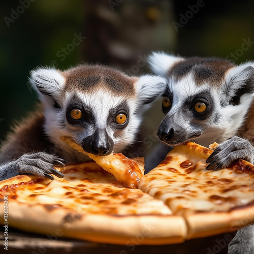 lemurs sharing a cheesy pizza slice in a playful wildlife moment captured outdoors
