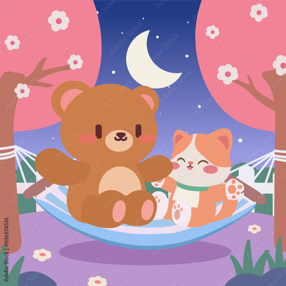An adorable illustration of a bear and a cat relaxing together on a hammock under cherry blossom trees during a peaceful night. Kawaii bear and cat swinging on a hammock under starry sky. An adorable illustration of a bear and a cat relaxing together on a hammock under cherry blossom trees during a peaceful night. Kawaii bear and cat swinging on a hammock under starry sky.