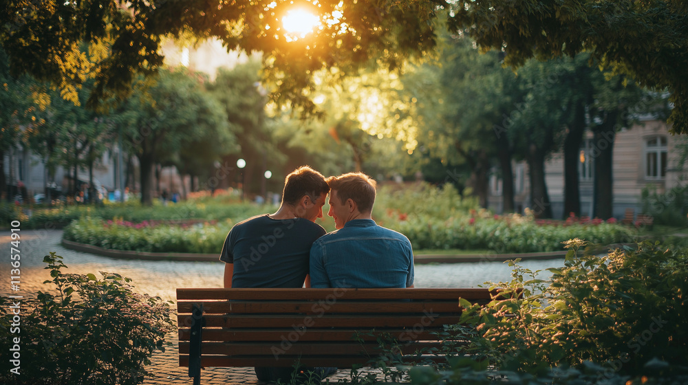 Fototapeta premium Romantic Moment Between Two Men Sitting Together at Sunset