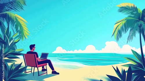 Man works remotely on laptop at tropical beach.