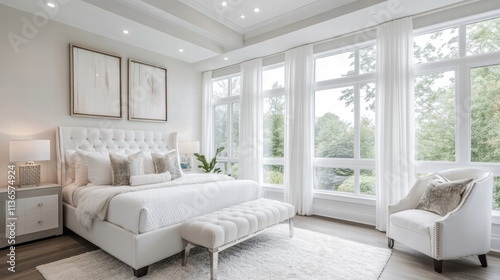 luxurious white bedroom with large windows