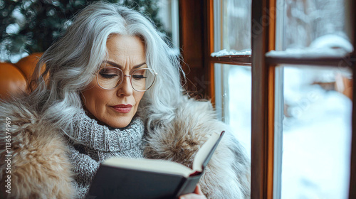 Mature woman reading book by window.