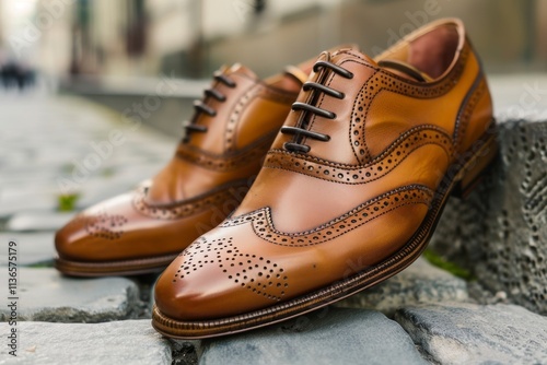 Elegant Brown Leather Dress Shoes on Cobblestone Street with Classy Detailing Perfect for Fashion, Formal Occasions, or Business Attire Photography