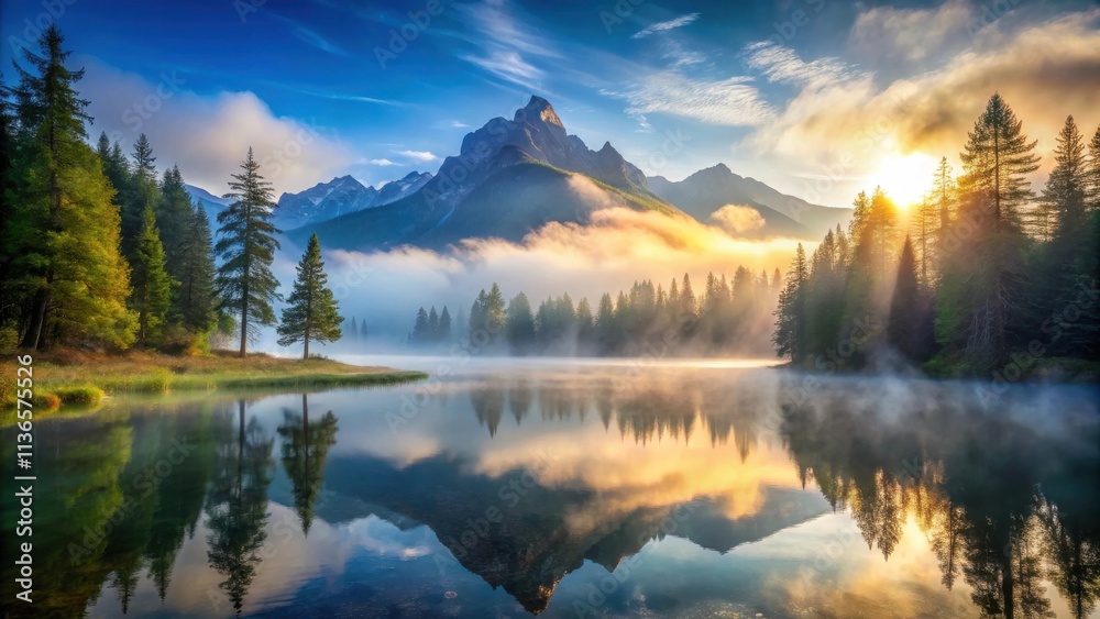 Fototapeta premium Serene Sunrise Over Misty Mountain Lake With Evergreen Reflections