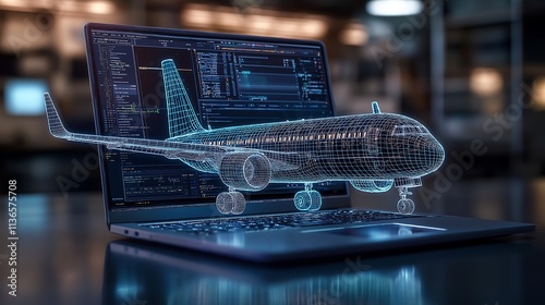 A modern laptop with the screen displaying an engineering software, on which there is also a three-dimensional airplane floating